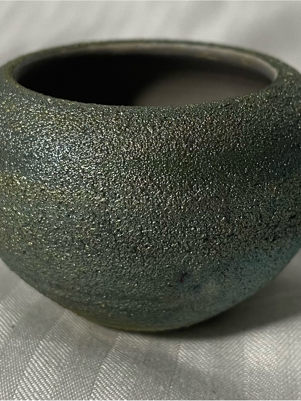 Raku, Iridescent Textured Green Ceramic Vase with Gold Speckle
